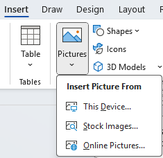 Insert picture images menu on ribbon in Word